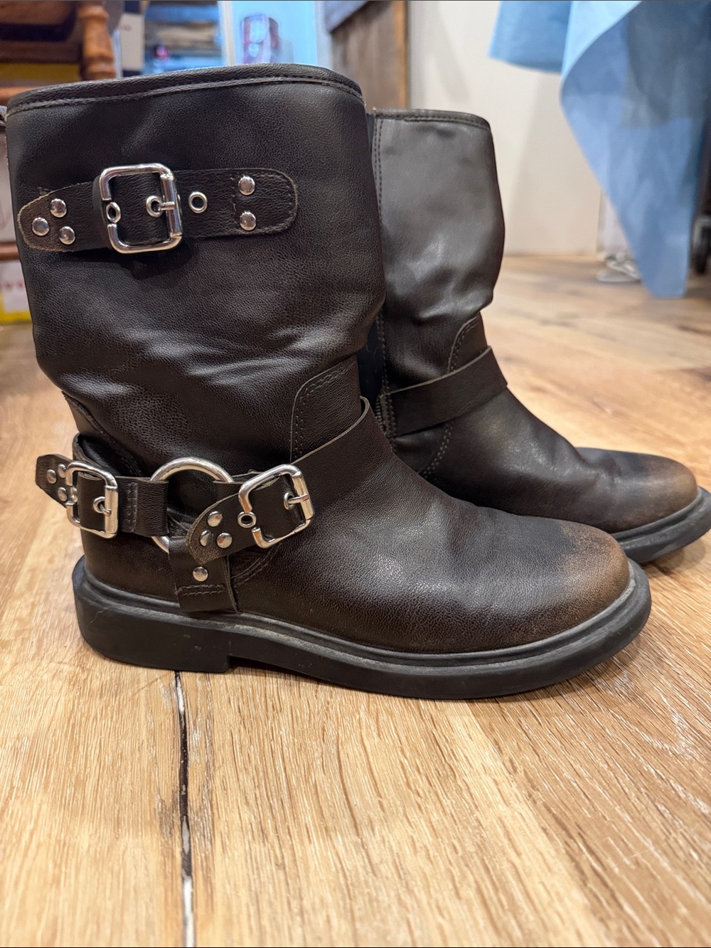 Zara Dark Brown Buckle Moto Boots